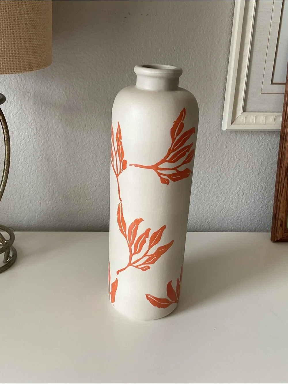 Cream Ceramic Vase with Orange Leaf Motif, made in Portugal